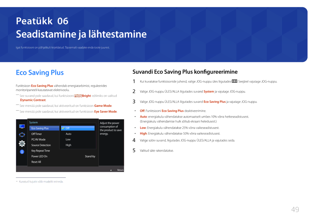 Samsung LS27E500CSZ/EN, LS24E500CS/EN manual Seadistamine ja lähtestamine, Suvandi Eco Saving Plus konfigureerimine 