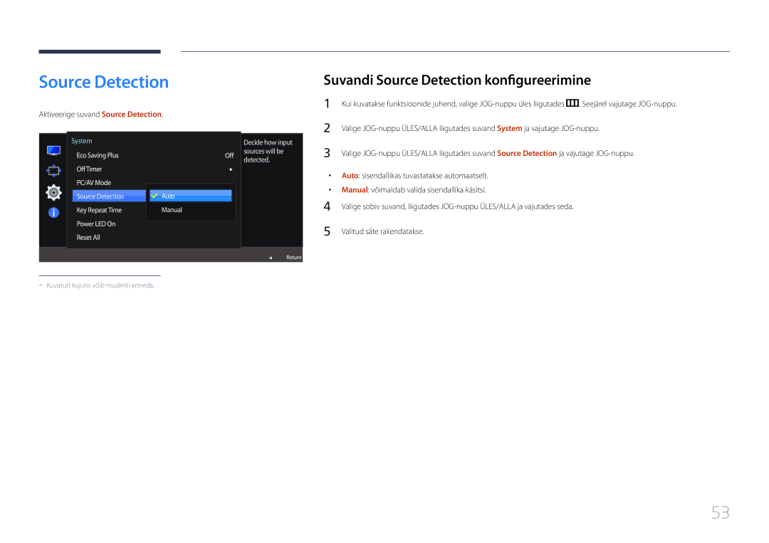 Samsung LS27E500CSZ/EN, LS24E500CS/EN Suvandi Source Detection konfigureerimine, Aktiveerige suvand Source Detection 