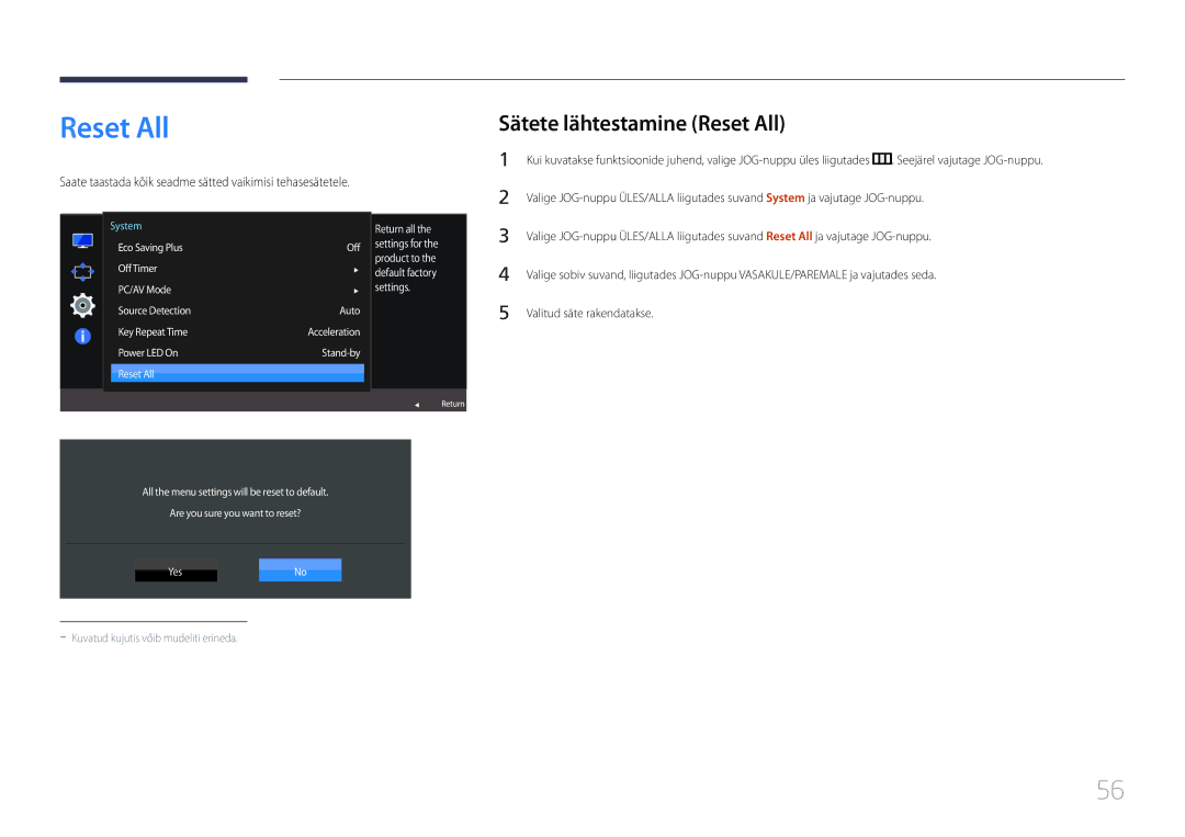Samsung LS24E500CS/EN, LS27E500CSZ/EN manual Sätete lähtestamine Reset All 