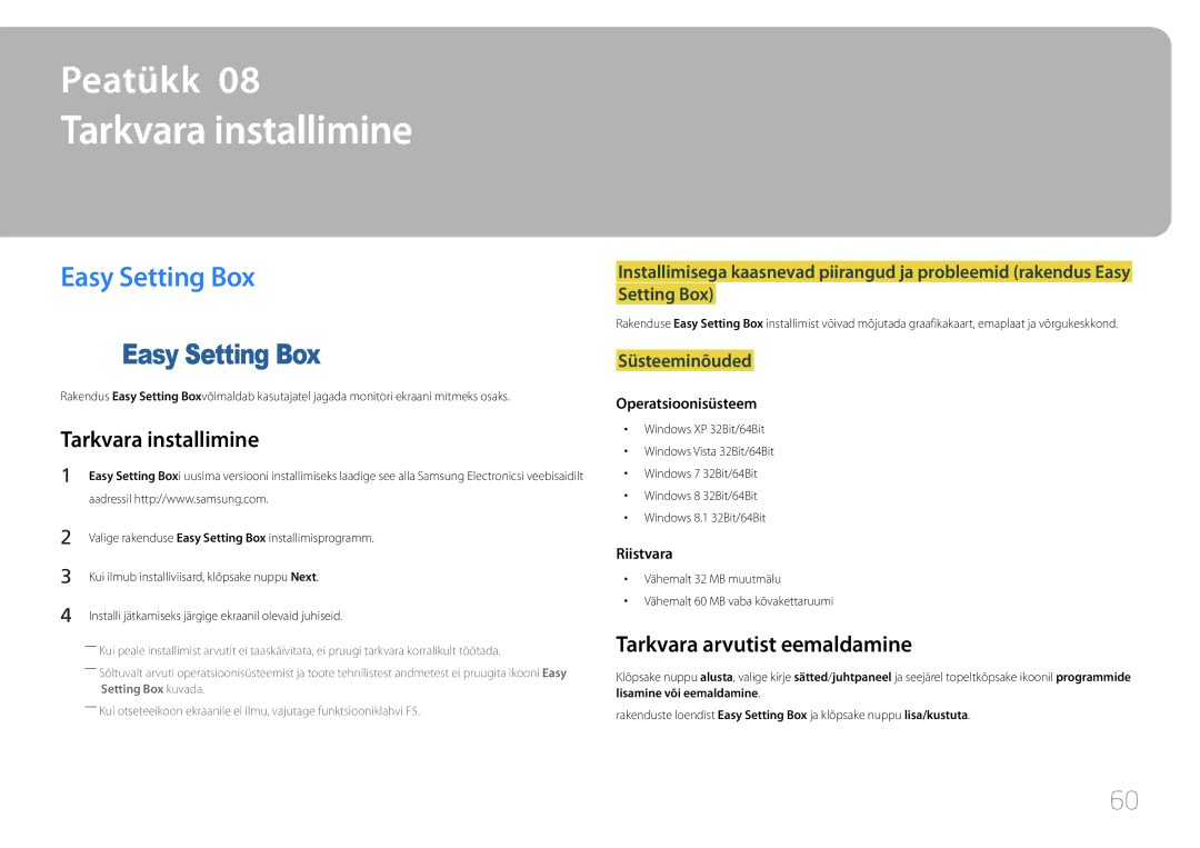 Samsung LS24E500CS/EN, LS27E500CSZ/EN manual Tarkvara installimine, Easy Setting Box, Tarkvara arvutist eemaldamine 