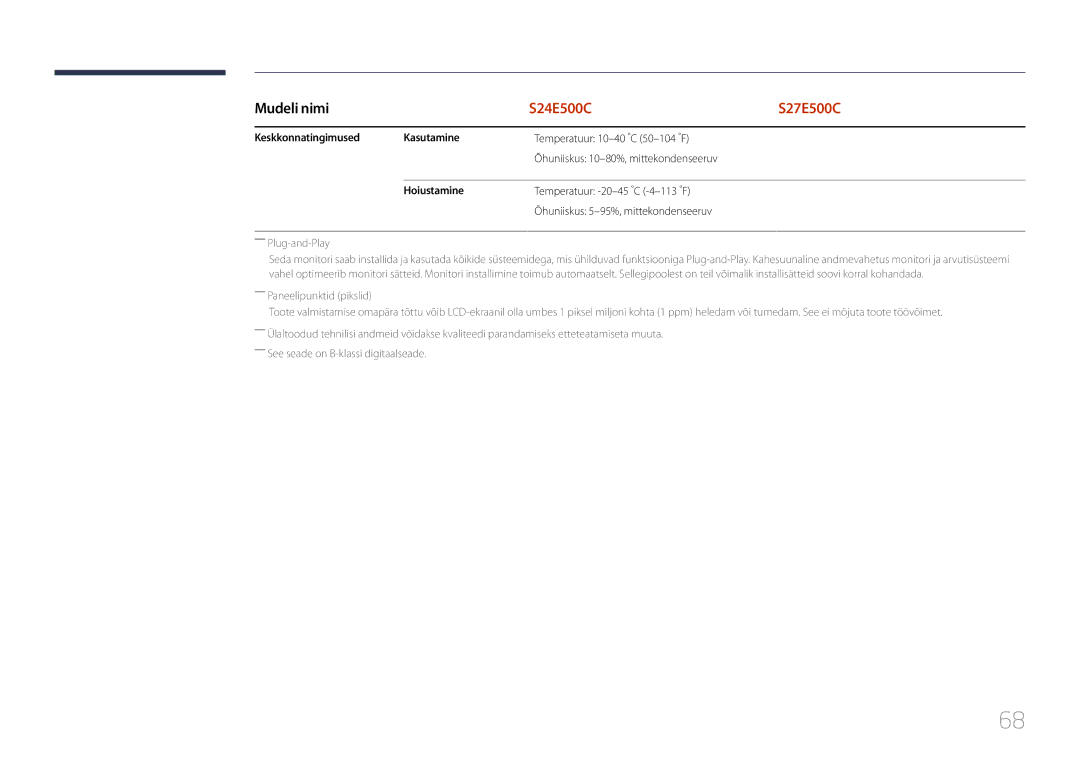 Samsung LS24E500CS/EN, LS27E500CSZ/EN manual Keskkonnatingimused Kasutamine, Hoiustamine 