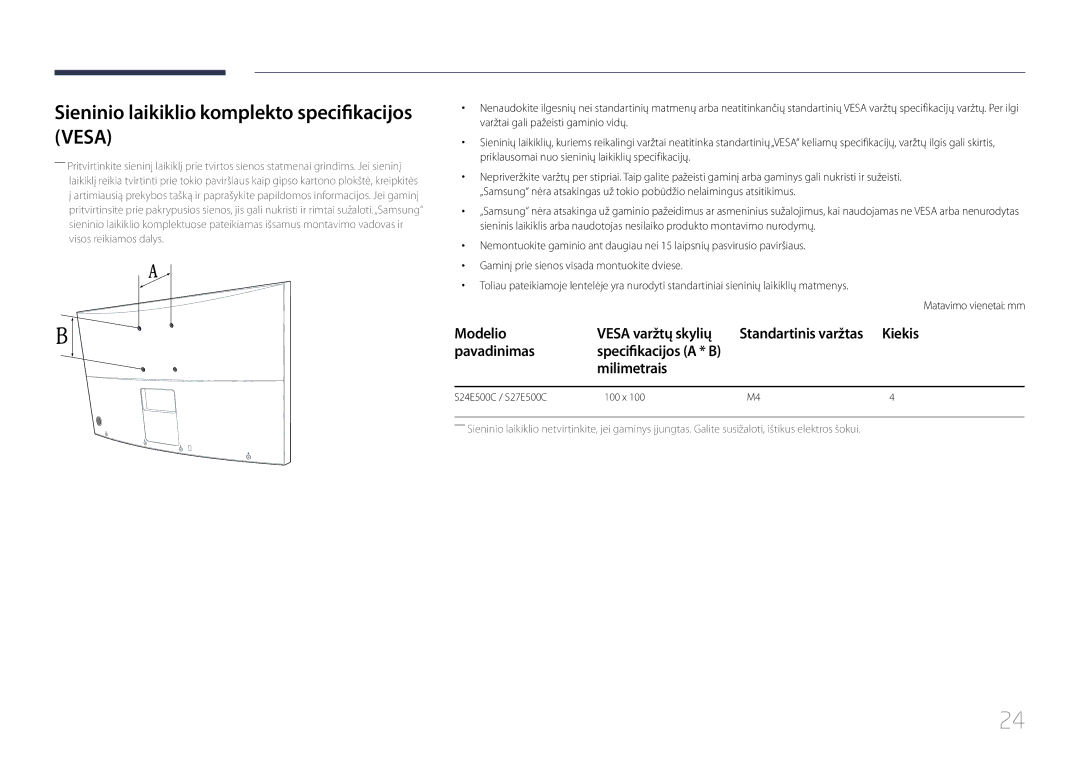 Samsung LS24E500CS/EN manual Sieninio laikiklio komplekto specifikacijos Vesa, Modelio Vesa varžtų skylių, Pavadinimas 