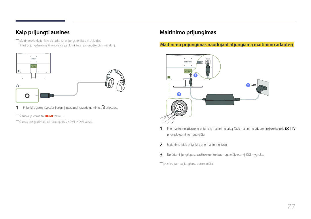 Samsung LS27E500CSZ/EN, LS24E500CS/EN manual Kaip prijungti ausines, Maitinimo prijungimas 