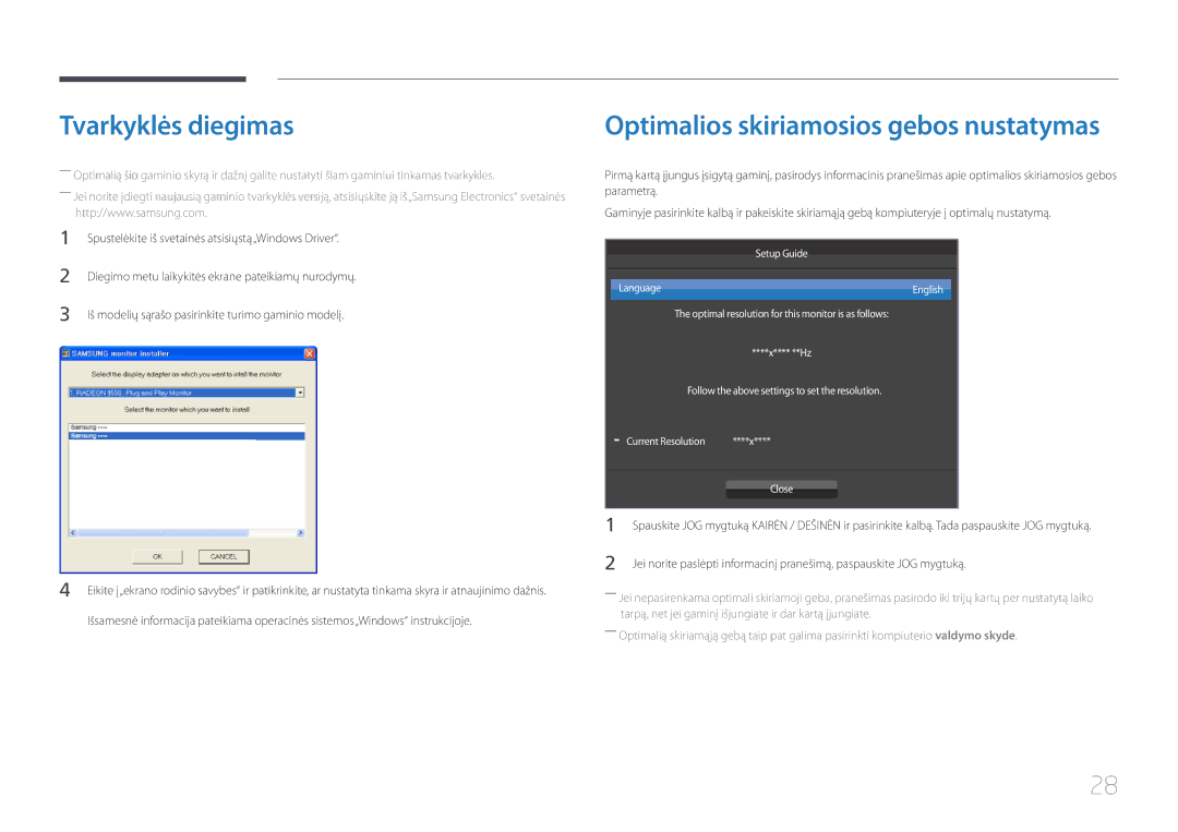 Samsung LS24E500CS/EN, LS27E500CSZ/EN manual Tvarkyklės diegimas, Optimalios skiriamosios gebos nustatymas 