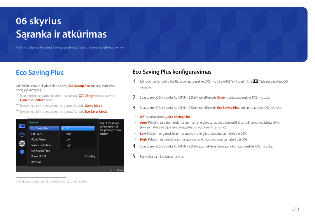 Samsung LS27E500CSZ/EN Sąranka ir atkūrimas, Eco Saving Plus konfigūravimas, Off Išjunkite funkciją Eco Saving Plus 