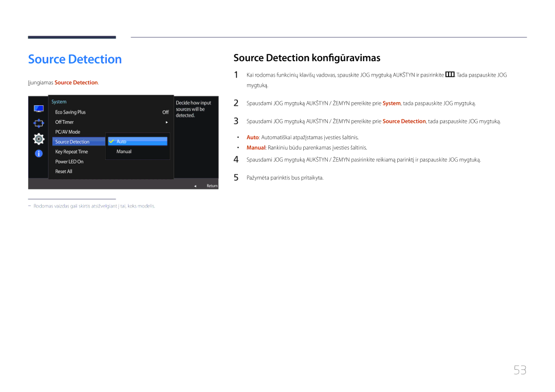 Samsung LS27E500CSZ/EN manual Source Detection konfigūravimas, Auto Automatiškai atpažįstamas įvesties šaltinis 