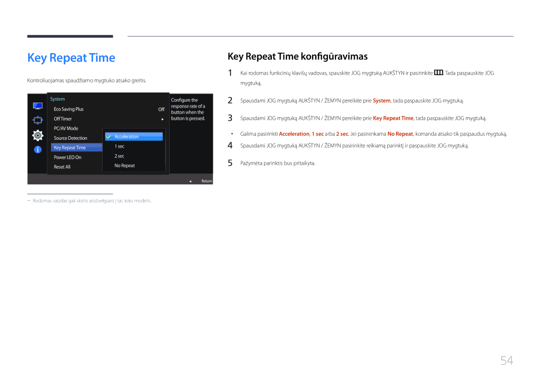 Samsung LS24E500CS/EN manual Key Repeat Time konfigūravimas, Kontroliuojamas spaudžiamo mygtuko atsako greitis 