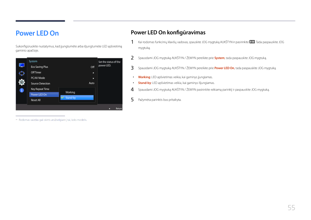 Samsung LS27E500CSZ/EN manual Power LED On konfigūravimas, Working LED apšvietimas veikia, kai gaminys įjungiamas 