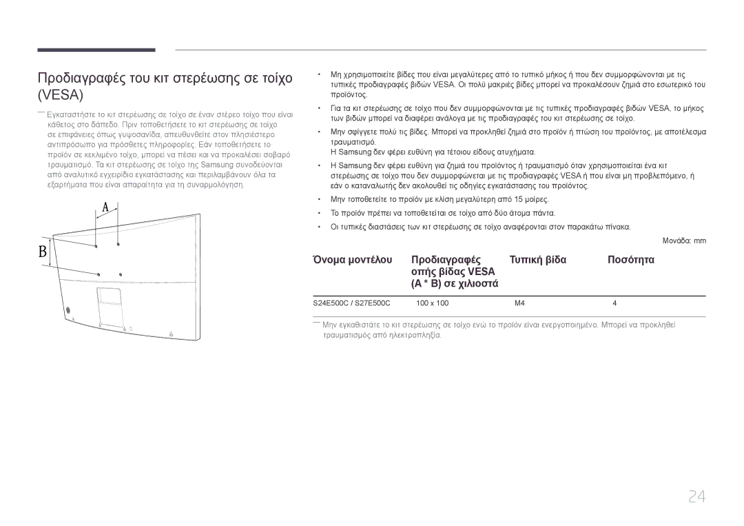 Samsung LS24E500CS/EN, LS27E500CSZ/EN manual Προδιαγραφές του κιτ στερέωσης σε τοίχο Vesa 