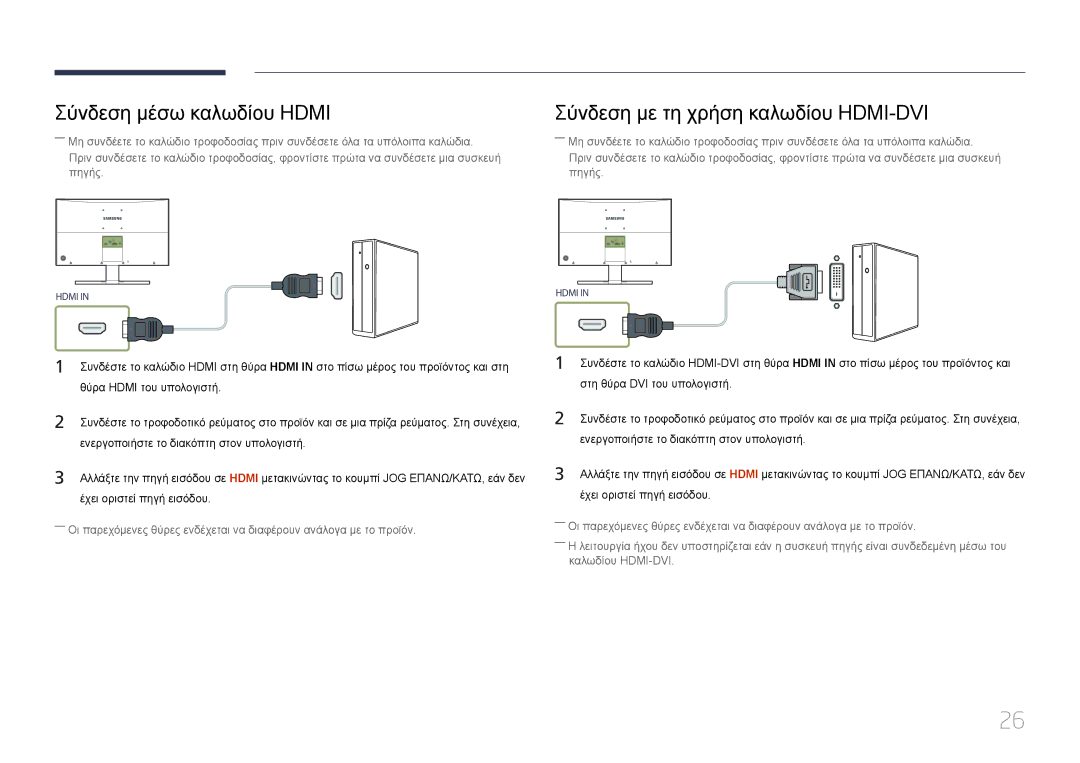 Samsung LS24E500CS/EN, LS27E500CSZ/EN manual Σύνδεση μέσω καλωδίου Hdmi, Σύνδεση με τη χρήση καλωδίου HDMI-DVI 