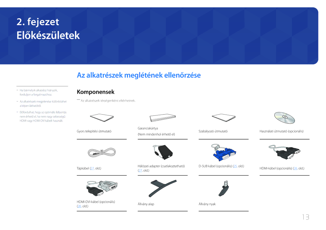 Samsung LS27E500CSZ/EN, LS24E500CS/EN manual Előkészületek, Az alkatrészek meglétének ellenőrzése, Komponensek 