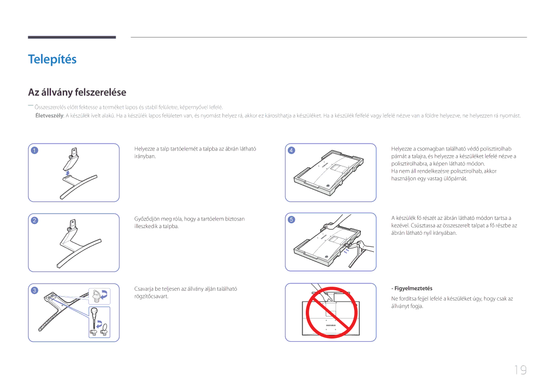 Samsung LS27E500CSZ/EN, LS24E500CS/EN manual Telepítés, Az állvány felszerelése, Rögzítőcsavart, Figyelmeztetés 