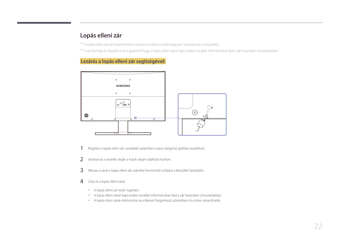 Samsung LS24E500CS/EN, LS27E500CSZ/EN manual Lopás elleni zár, Lezárás a lopás elleni zár segítségével 