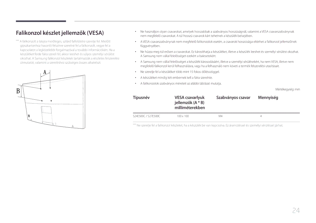 Samsung LS24E500CS/EN manual Falikonzol készlet jellemzők Vesa, Típusnév Vesa csavarlyuk, Jellemzők a * B Milliméterekben 