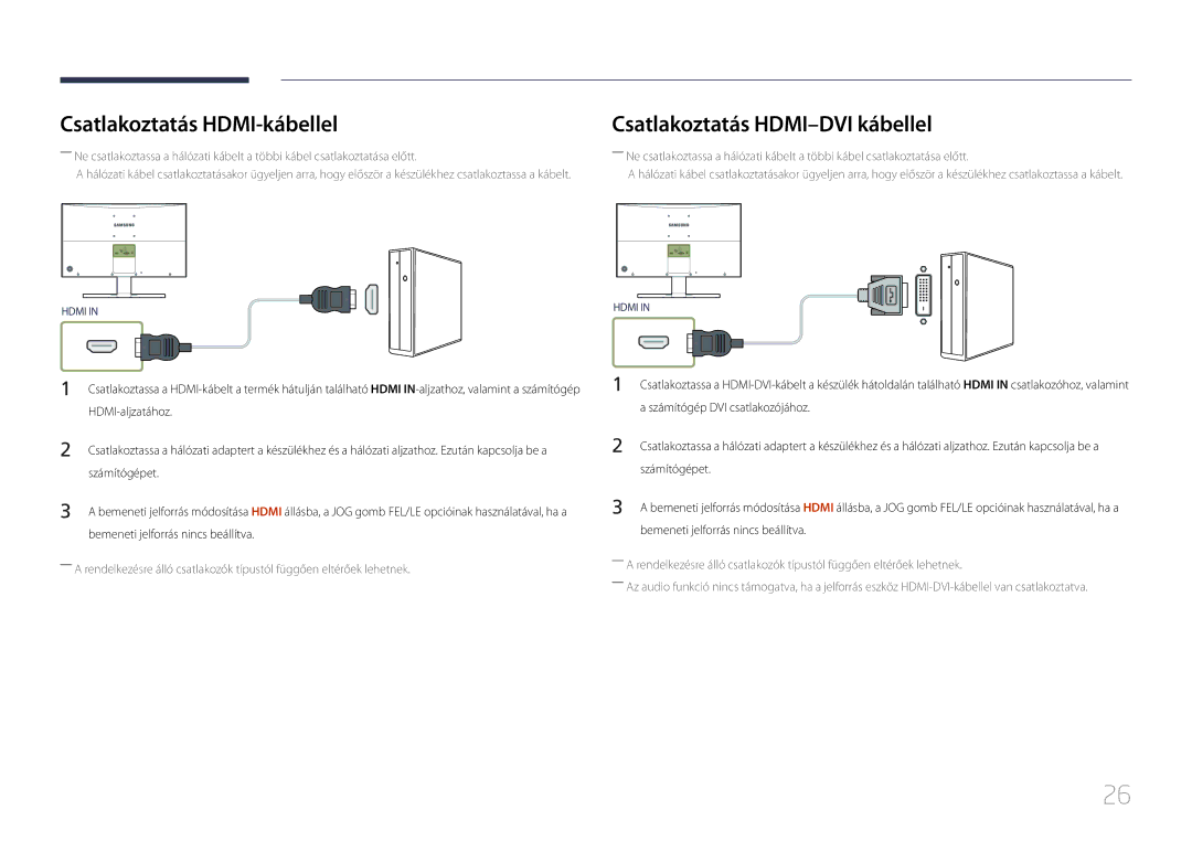 Samsung LS24E500CS/EN, LS27E500CSZ/EN manual Csatlakoztatás HDMI-kábellel, Csatlakoztatás HDMI-DVI kábellel 