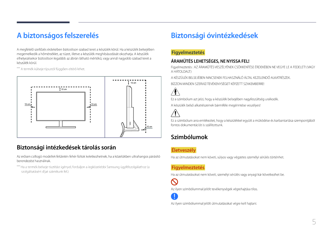 Samsung LS27E500CSZ/EN manual Biztonságos felszerelés, Biztonsági óvintézkedések, Biztonsági intézkedések tárolás során 