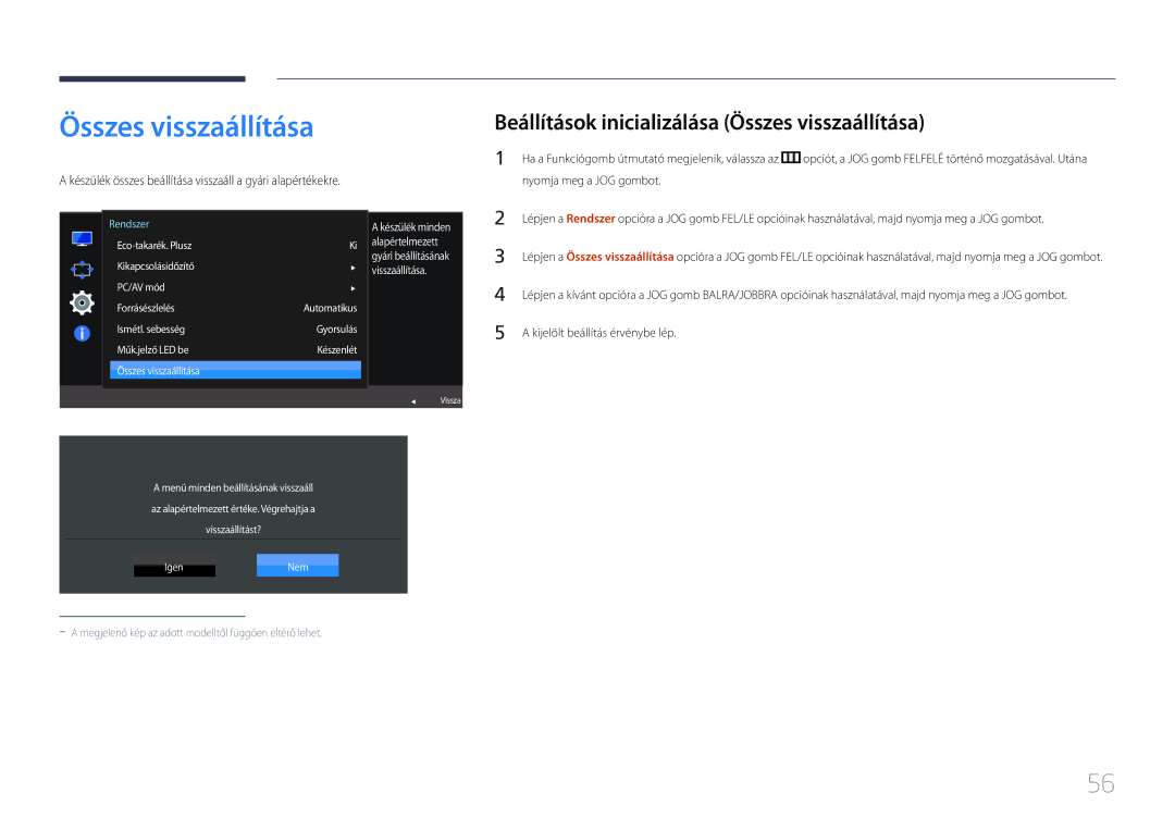 Samsung LS24E500CS/EN manual Beállítások inicializálása Összes visszaállítása, Eco-takarék. Plusz, PC/AV mód Forrásészlelés 