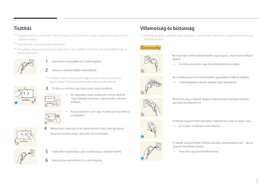 Samsung LS24E500CS/EN, LS27E500CSZ/EN manual Tisztítás, Villamosság és biztonság 