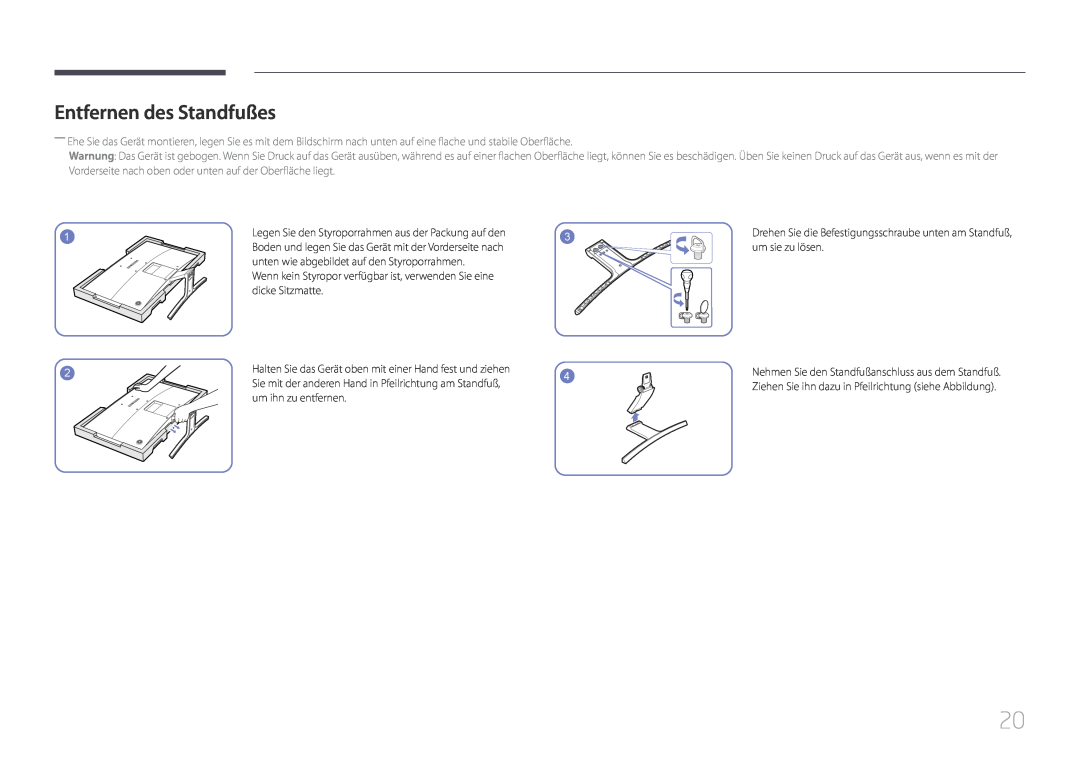 Samsung LS24E500CS/EN manual Entfernen des Standfußes, Wenn kein Styropor verfügbar ist, verwenden Sie eine dicke Sitzmatte 