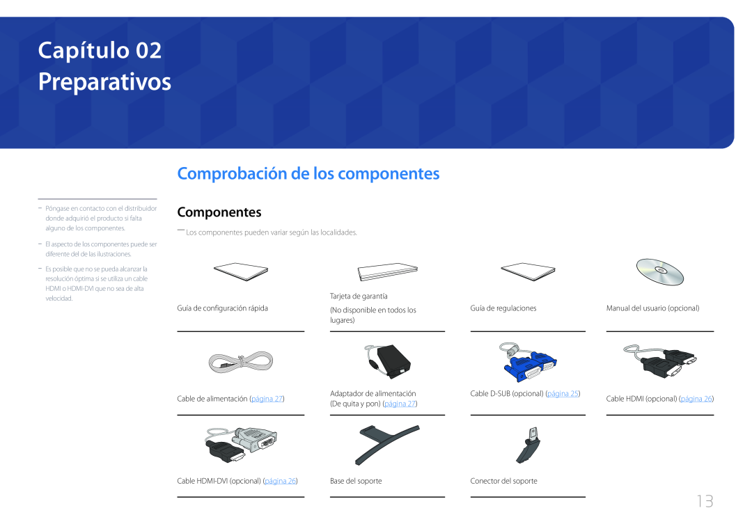 Samsung LS27E500CSZ/EN, LS24E500CS/EN manual Preparativos, Componentes, Capítulo, Comprobación de los componentes 