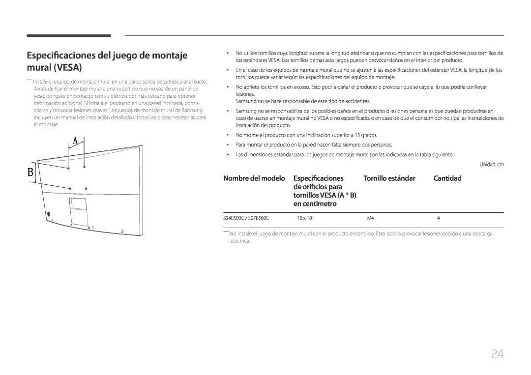 Samsung LS24E500CS/EN Especificaciones del juego de montaje mural VESA, Nombre del modelo, Tornillo estándar, Cantidad 