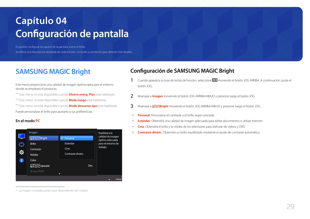Samsung LS27E500CSZ/EN manual Configuración de pantalla, Configuración de SAMSUNG MAGIC Bright, En el modo PC, Capítulo 