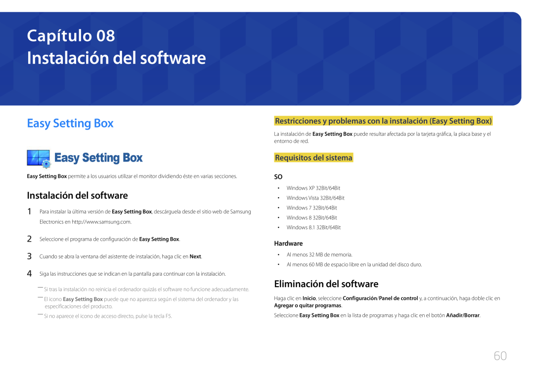 Samsung LS24E500CS/EN manual Instalación del software, Easy Setting Box, Eliminación del software, Requisitos del sistema 