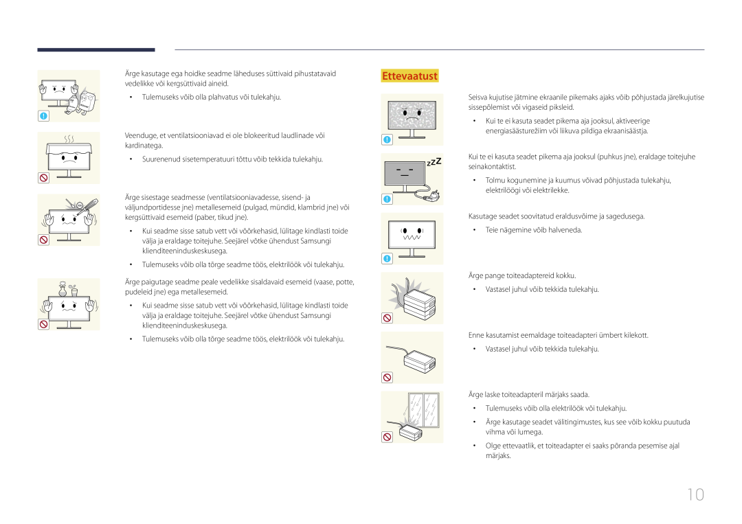 Samsung LS24E500CS/EN, LS27E500CSZ/EN manual Ettevaatust, Ärge sisestage seadmesse ventilatsiooniavadesse, sisend- ja 