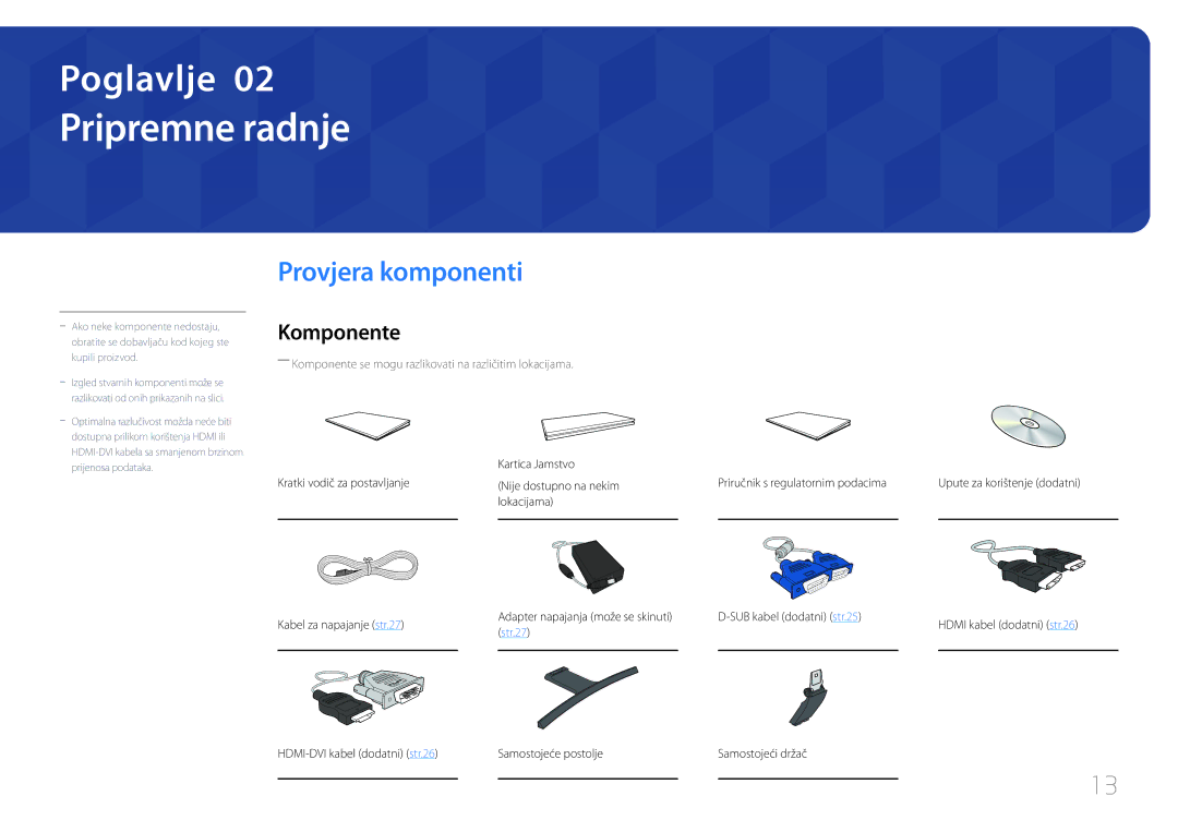 Samsung LS24E500CS/EN manual Pripremne radnje, Provjera komponenti, Komponente 