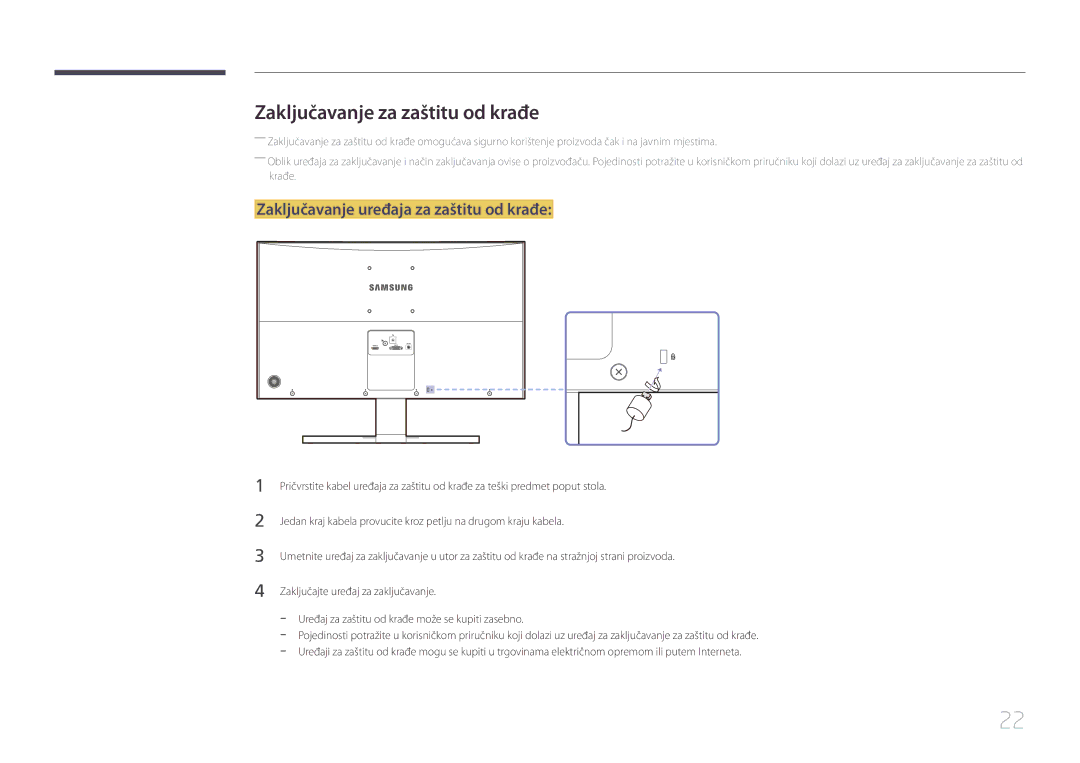 Samsung LS24E500CS/EN manual Zaključavanje za zaštitu od krađe, Zaključavanje uređaja za zaštitu od krađe 