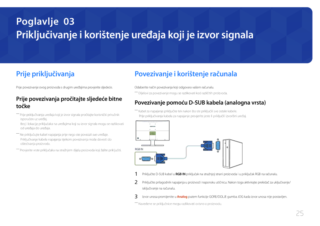 Samsung LS24E500CS/EN manual Priključivanje i korištenje uređaja koji je izvor signala, Prije priključivanja 