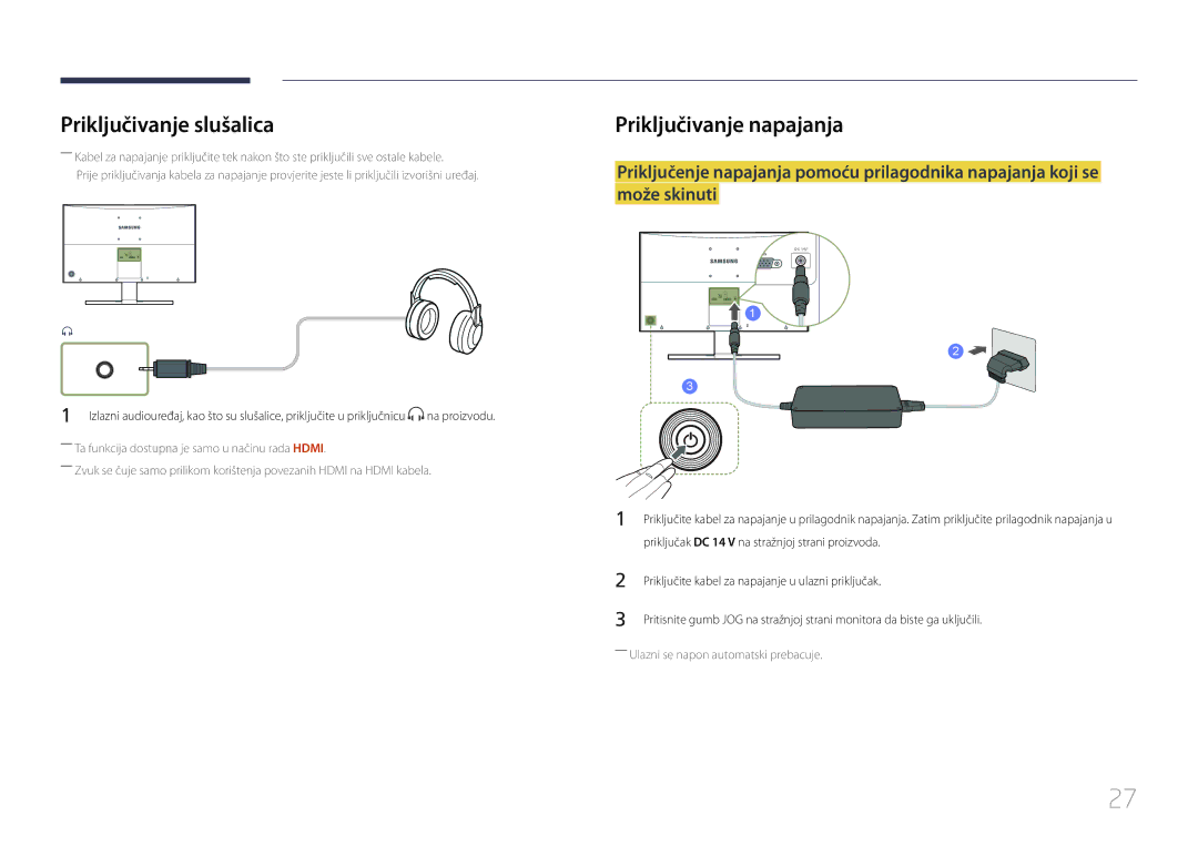 Samsung LS24E500CS/EN manual Priključivanje slušalica, Priključivanje napajanja 