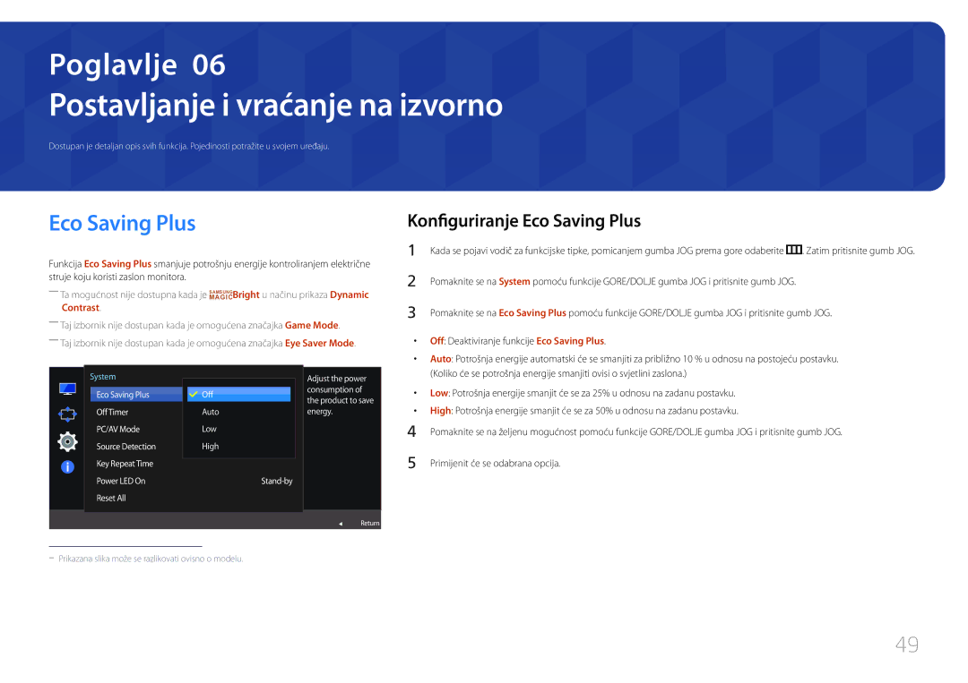 Samsung LS24E500CS/EN manual Postavljanje i vraćanje na izvorno, Konfiguriranje Eco Saving Plus 