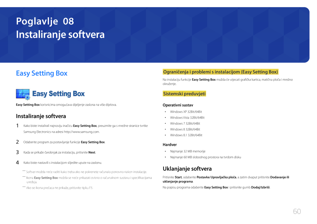 Samsung LS24E500CS/EN manual Instaliranje softvera, Easy Setting Box, Uklanjanje softvera 