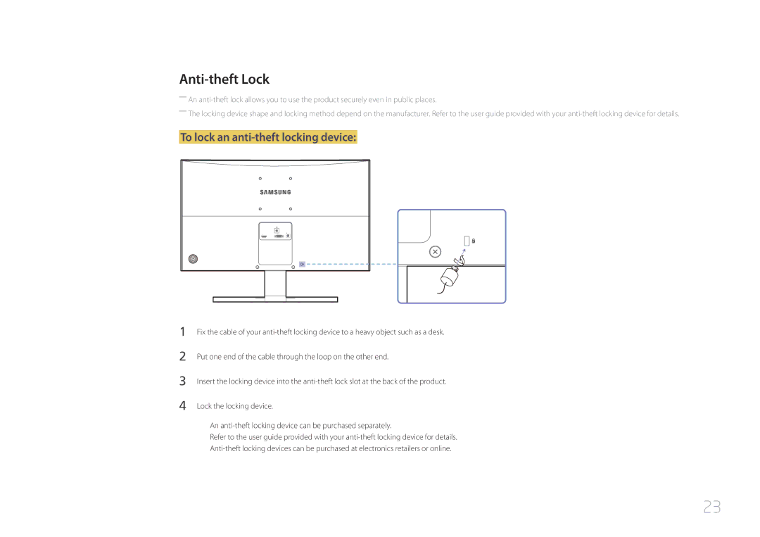 Samsung LS24E510CS/KZ, LS24E510CS/EN, LS24E510CS/CI manual Anti-theft Lock, To lock an anti-theft locking device 