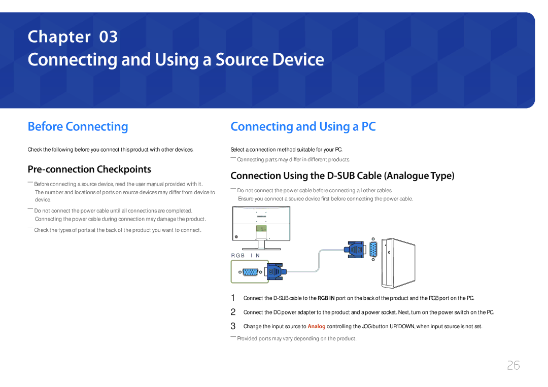 Samsung LS24E510CS/KZ, LS24E510CS/EN Connecting and Using a Source Device, Before Connecting, Connecting and Using a PC 