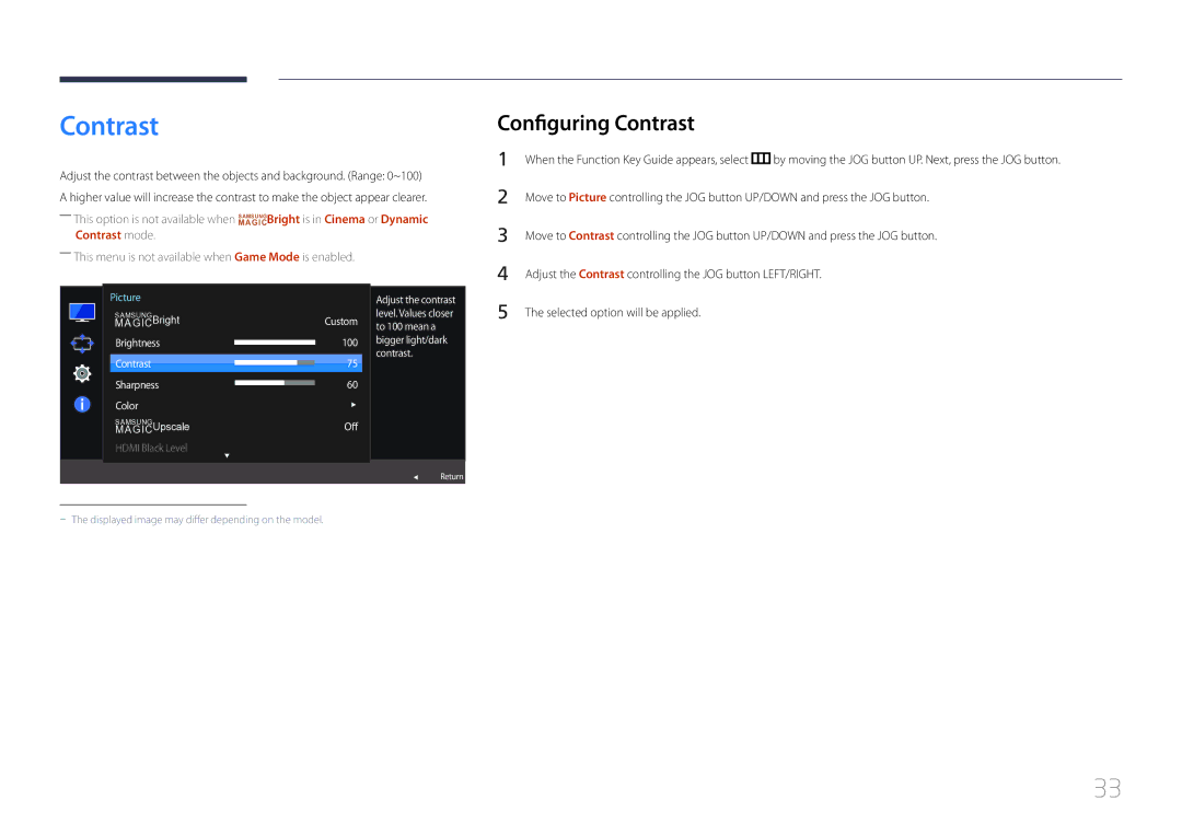 Samsung LS24E510CS/EN, LS24E510CS/CI Configuring Contrast, Adjust the Contrast controlling the JOG button LEFT/RIGHT 