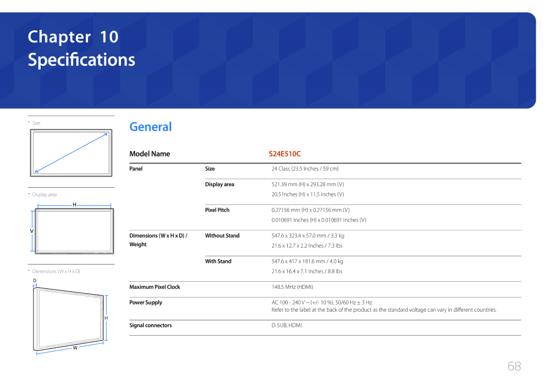 Samsung LS24E510CS/KZ, LS24E510CS/EN, LS24E510CS/CI manual Specifications, General 