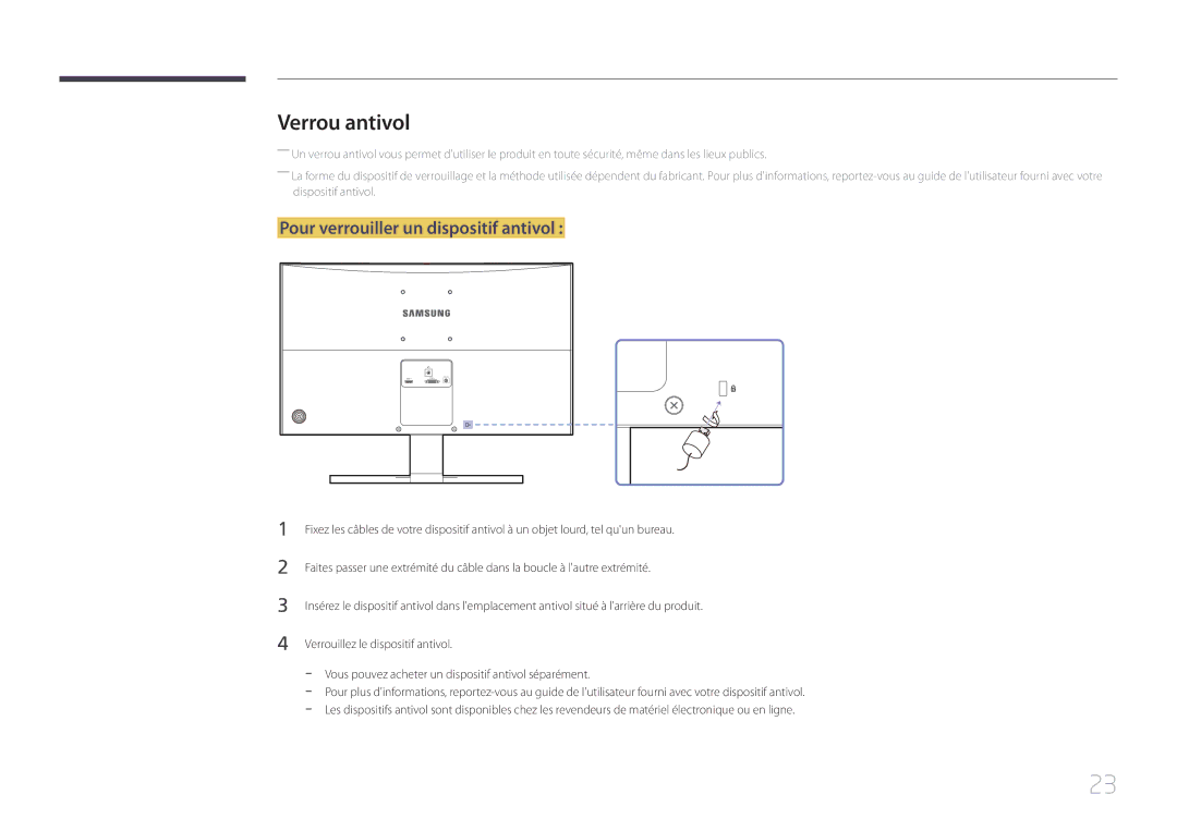 Samsung LS24E510CS/EN manual Verrou antivol, Pour verrouiller un dispositif antivol 