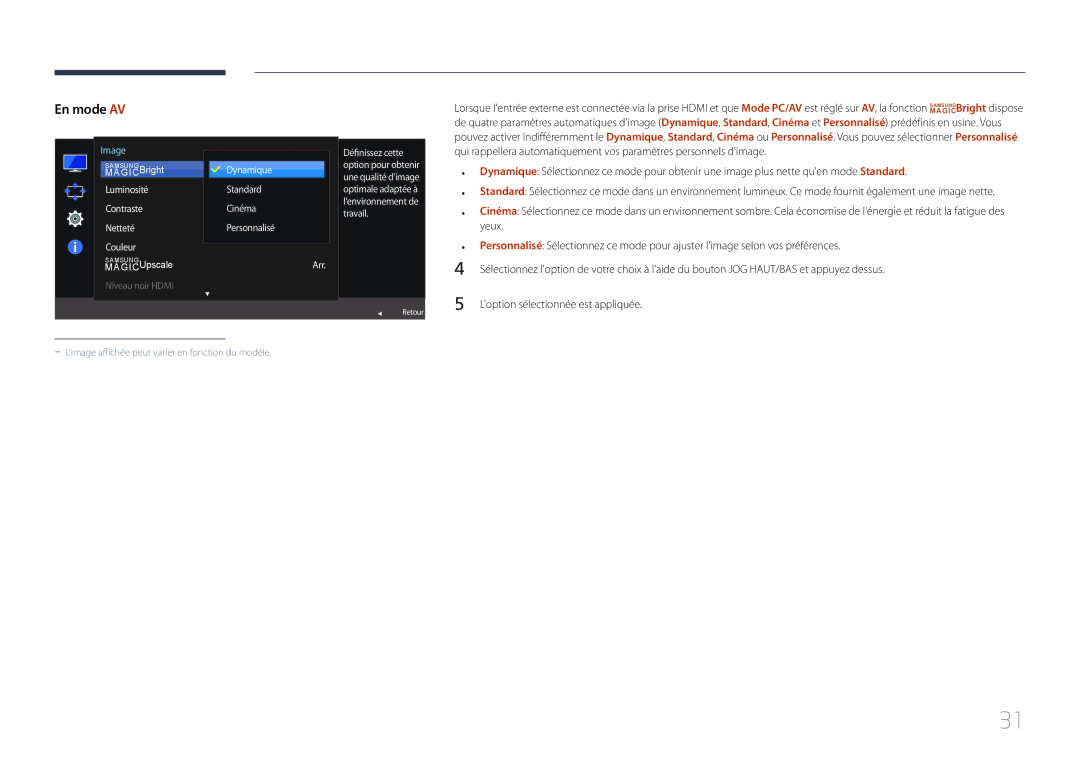 Samsung LS24E510CS/EN manual Yeux, Loption sélectionnée est appliquée, Dynamique Standard Cinéma Personnalisé Arr 
