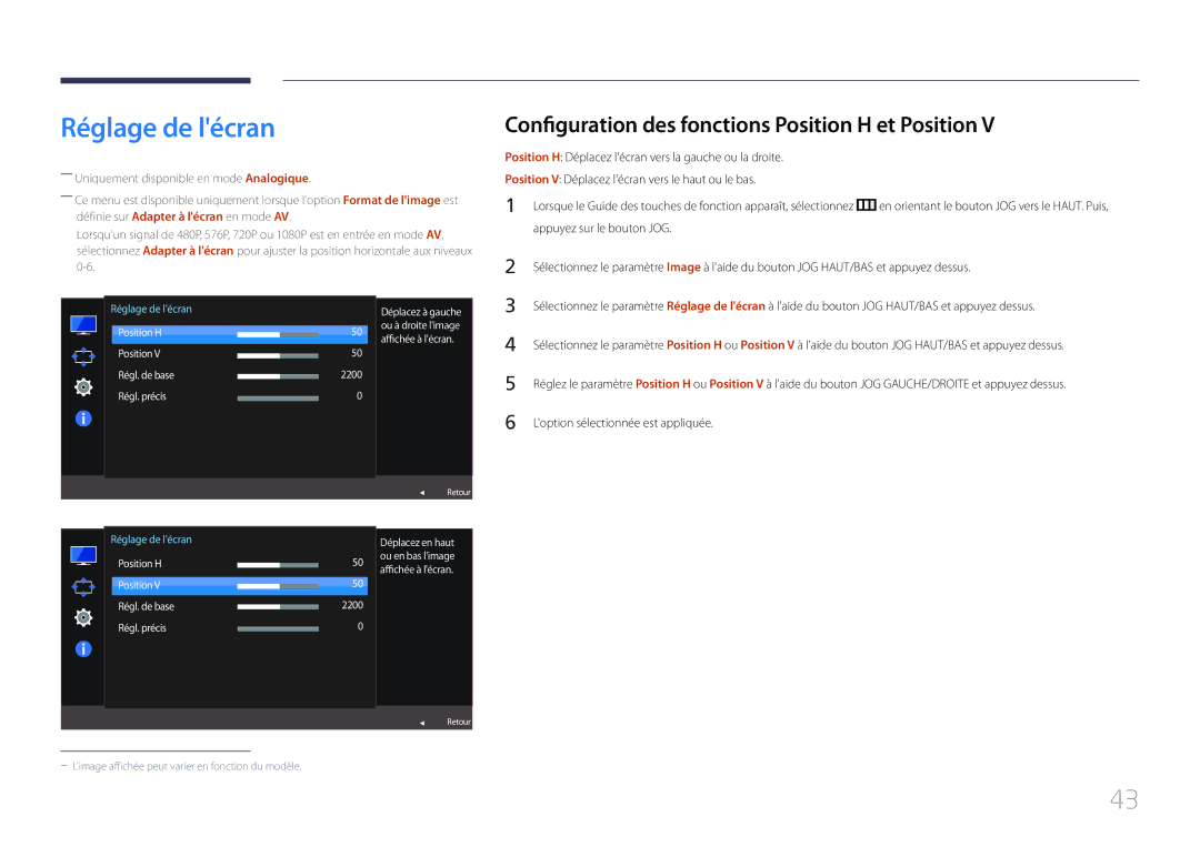 Samsung LS24E510CS/EN manual Réglage de lécran, Configuration des fonctions Position H et Position 