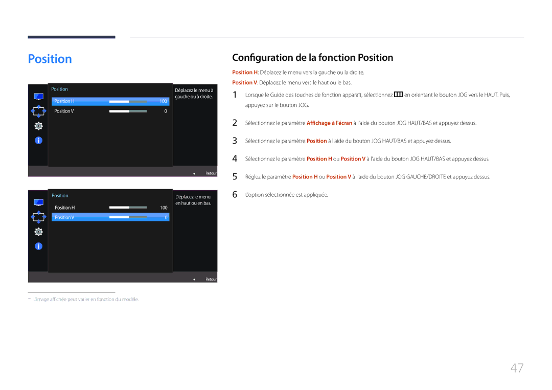 Samsung LS24E510CS/EN manual Configuration de la fonction Position, Appuyez sur le bouton JOG 