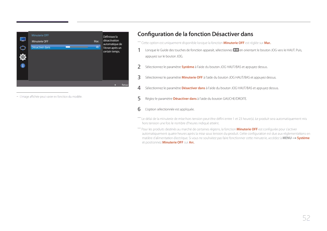 Samsung LS24E510CS/EN manual Configuration de la fonction Désactiver dans, Définissez la 