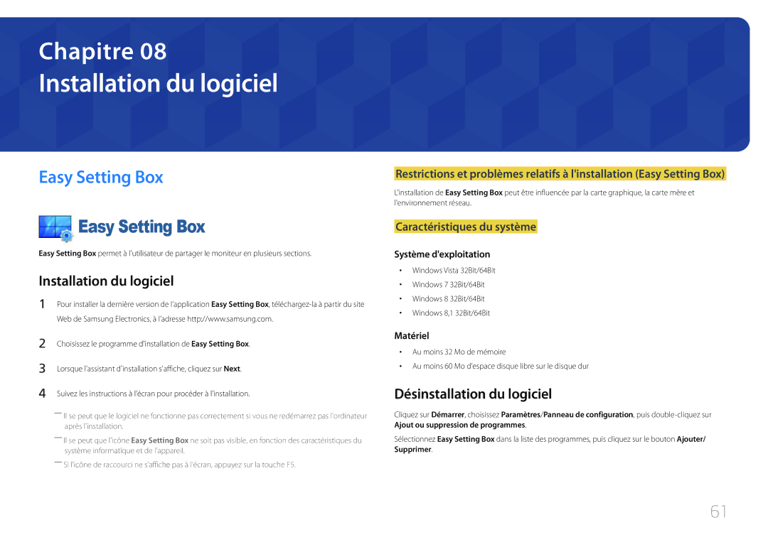 Samsung LS24E510CS/EN manual Installation du logiciel, Easy Setting Box, Désinstallation du logiciel 