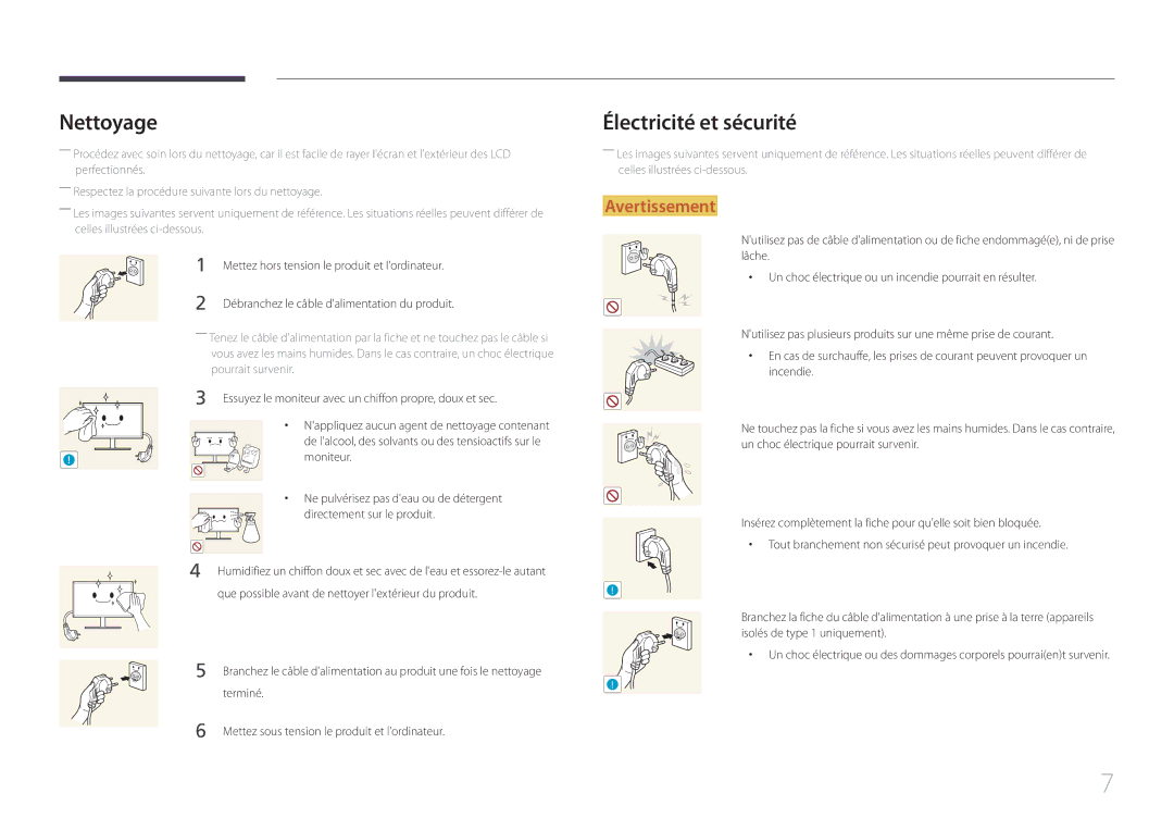 Samsung LS24E510CS/EN manual Nettoyage, Électricité et sécurité 