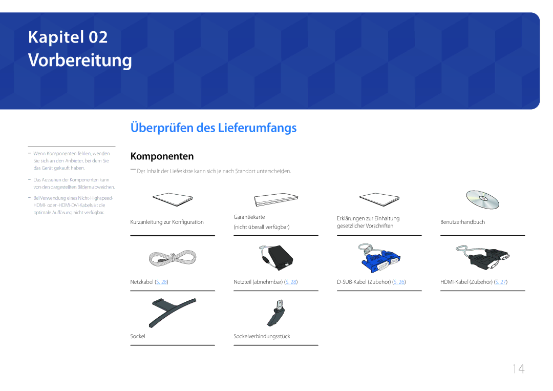 Samsung LS24E510CS/EN manual Vorbereitung, Überprüfen des Lieferumfangs, Komponenten 