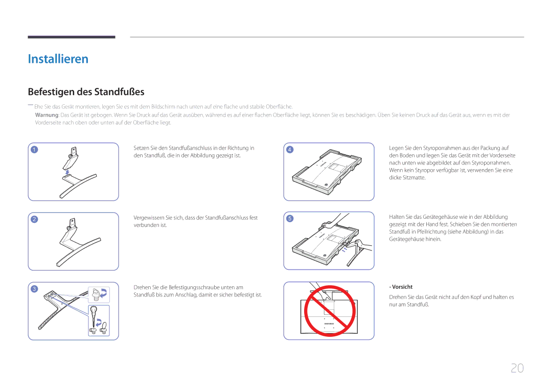 Samsung LS24E510CS/EN manual Installieren, Befestigen des Standfußes, Vorsicht 