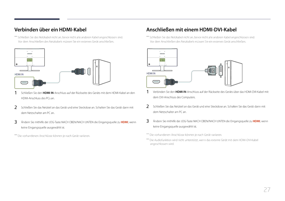 Samsung LS24E510CS/EN manual Verbinden über ein HDMI-Kabel, Anschließen mit einem HDMI-DVI-Kabel 