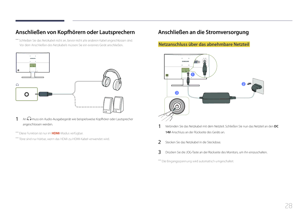 Samsung LS24E510CS/EN manual Anschließen von Kopfhörern oder Lautsprechern, Anschließen an die Stromversorgung 