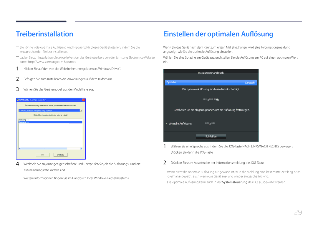 Samsung LS24E510CS/EN manual Treiberinstallation, Einstellen der optimalen Auflösung, Installationshandbuch Sprache Deutsch 